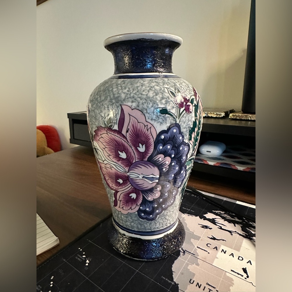 Japanese Vase Textured Paint Moriage Green Blue Pink 8.5" Tall Vintage
